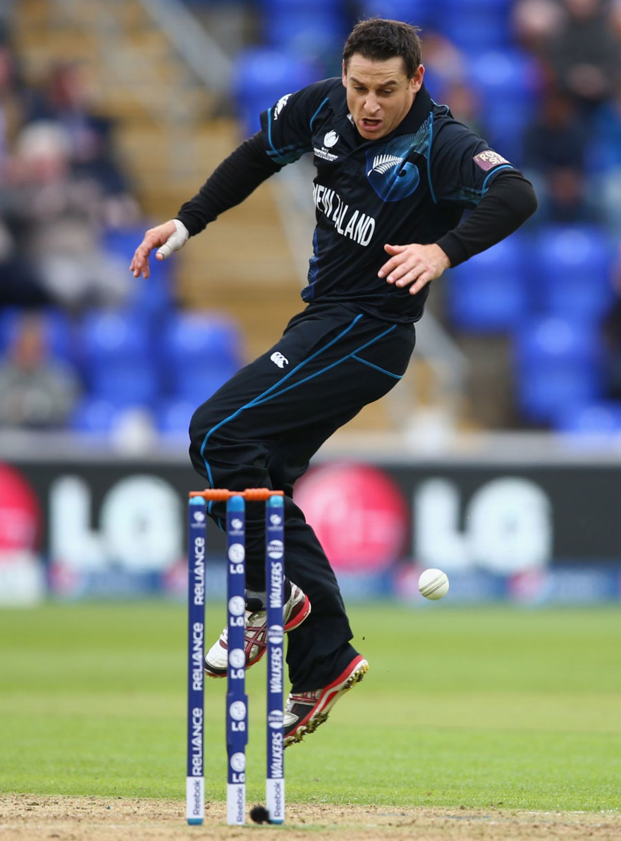 Nathan McCullum gets out of the way of a severely hit ball, England v New Zealand, Champions Trophy, Group A, Cardiff, June 16, 2013