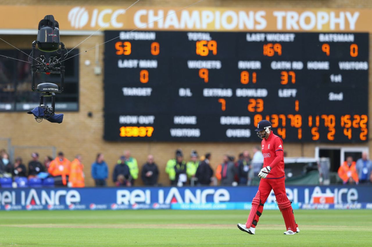 James Anderson walks out to bat under the gaze of Spidercam, England v New Zealand, Champions Trophy, Group A, Cardiff, June 16, 2013