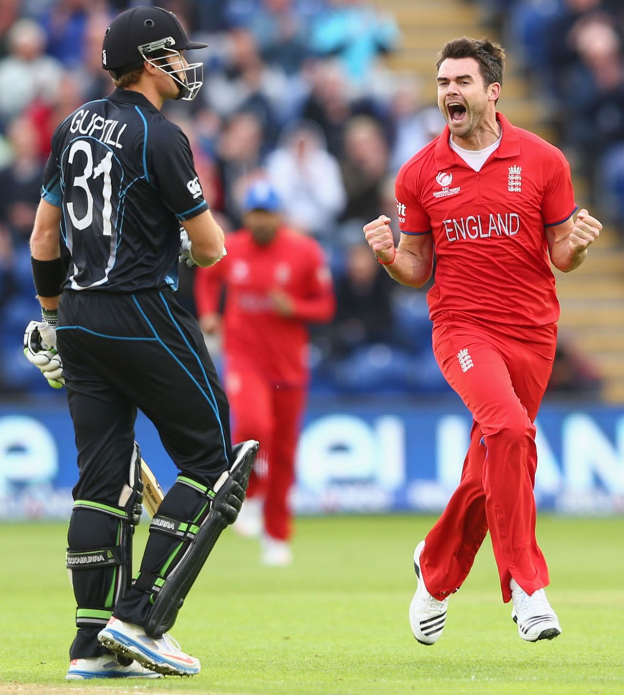 James Anderson is jubliant after snaring Martin Guptill, England v New Zealand, Champions Trophy, Group A, Cardiff, June 16, 2013