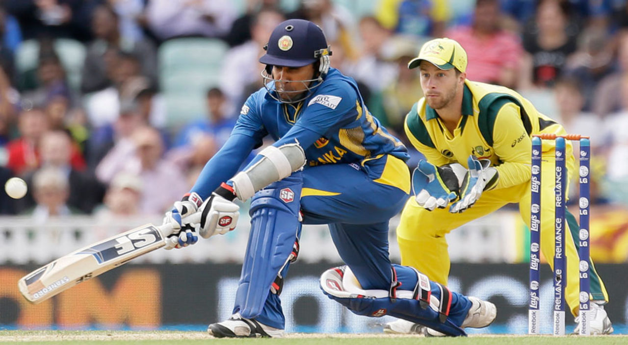 Mahela Jayawardene attempts a reverse sweep, Australia v Sri Lanka, Champions Trophy, Group A, The Oval, June 17, 2013