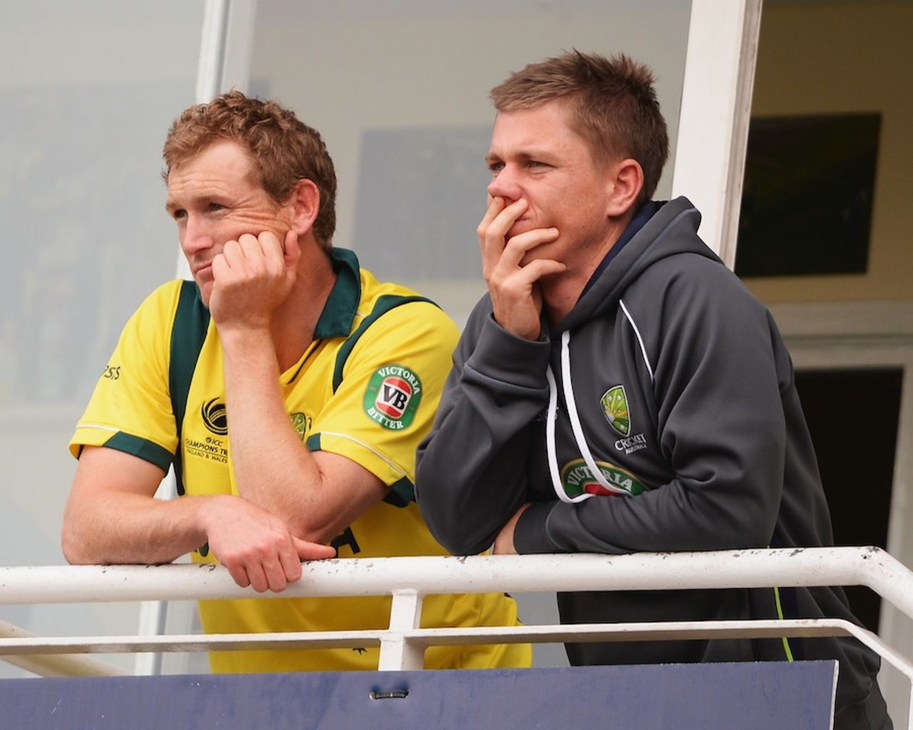 George Bailey and  Xavier Doherty watch from the balcony, Australia v Sri Lanka, Champions Trophy, Group A, The Oval, June 17, 2013