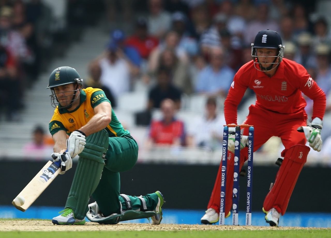 Faf du Plessis prepares to sweep, England v South Africa, 1st semi-final, Champions Trophy, The Oval, June 19, 2013