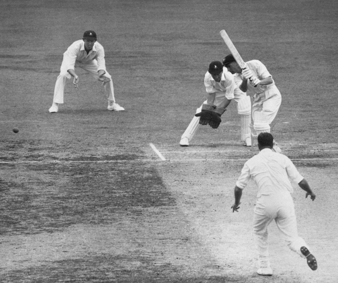 Brian Booth drives a ball off Trevor Goddard during his innings of 169, Australia v South Africa, 1st Test, Brisbane, December 6, 1963