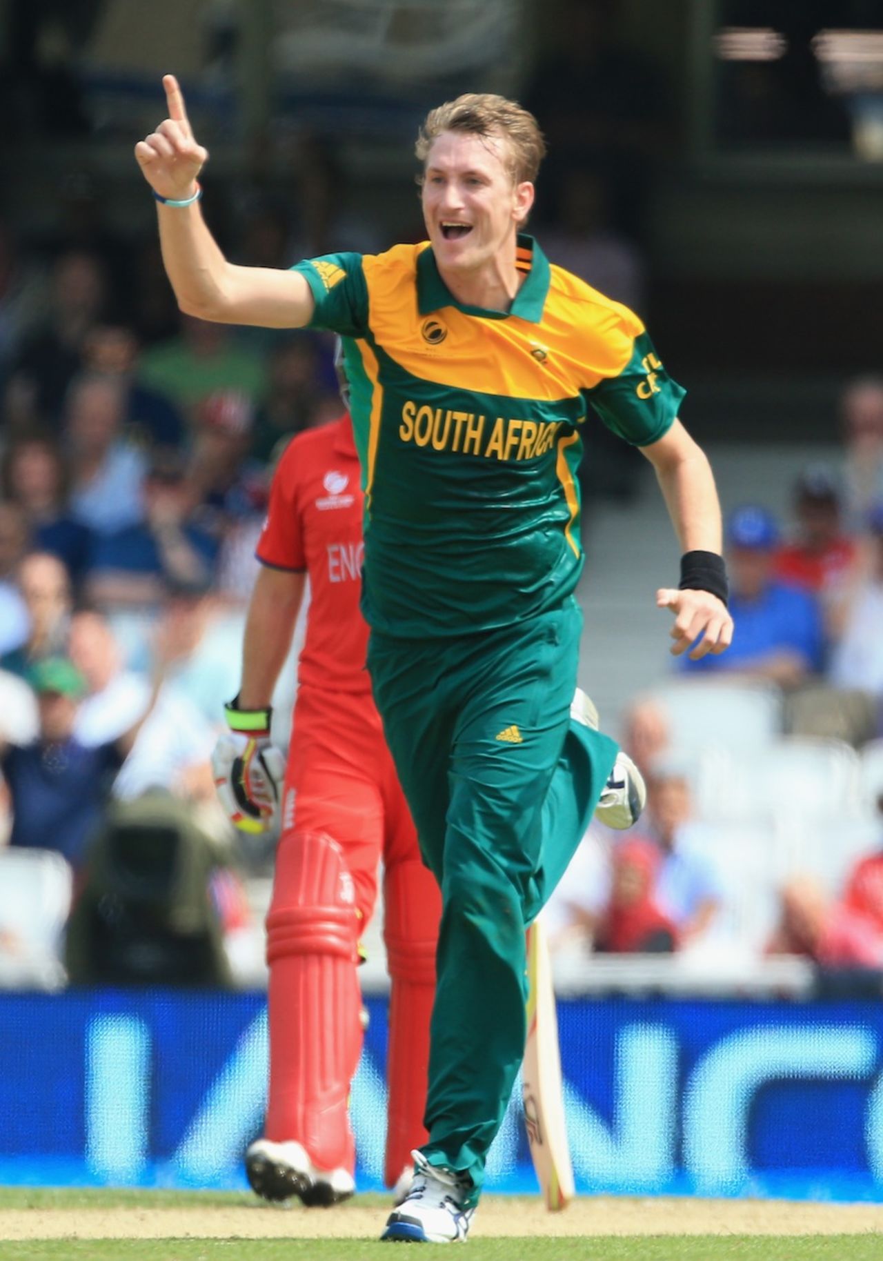 Chris Morris celebrates the wicket of Alastair Cook, England v South Africa, 1st semi-final, Champions Trophy, The Oval, June 19, 2013