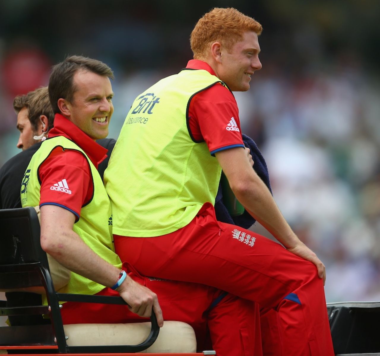 Graeme Swann and Jonny Bairstow enjoy their time during the match, England v South Africa, 1st semi-final, Champions Trophy, The Oval, June 19, 2013