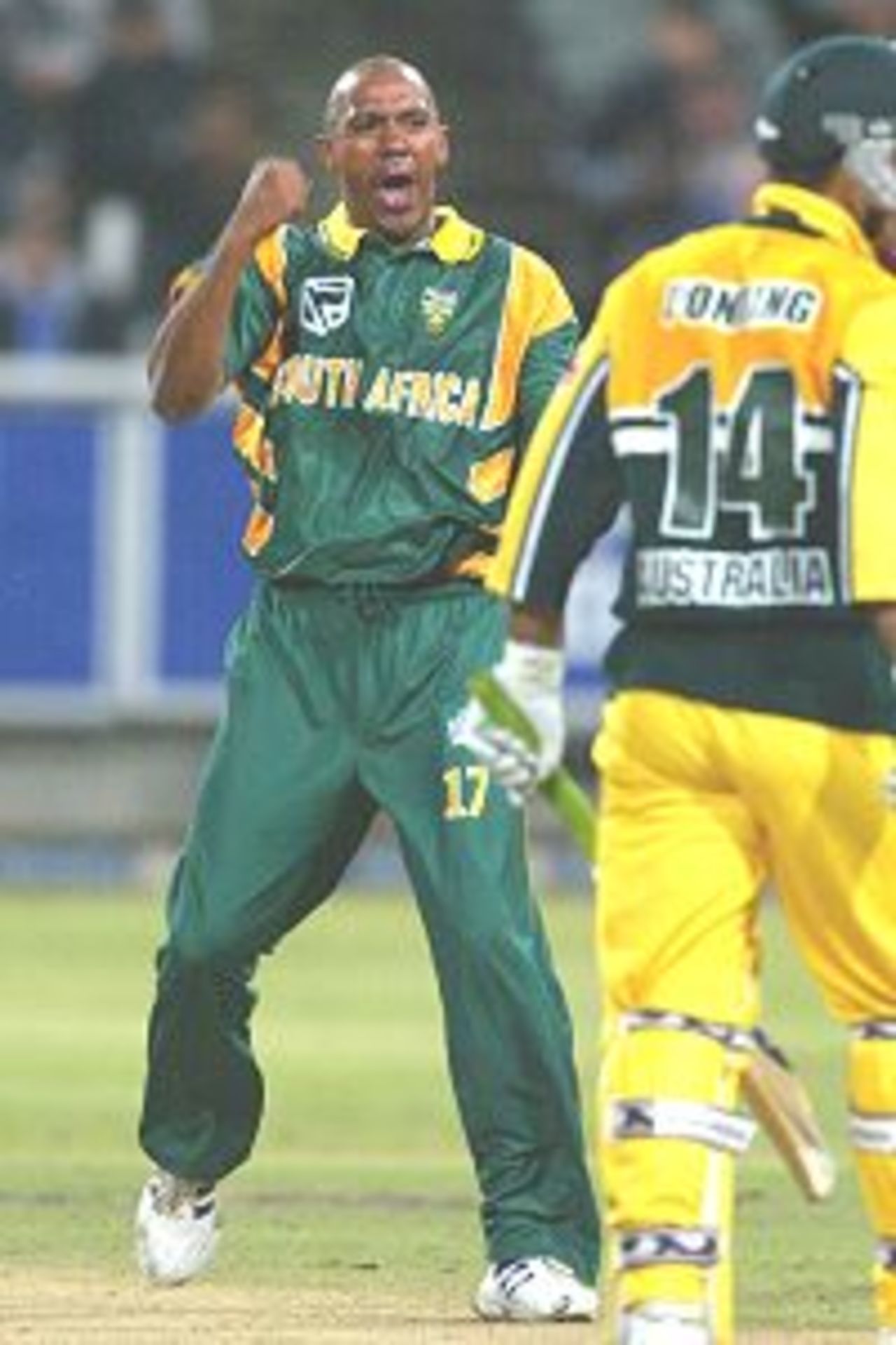 9 Apr 2002: Roger Telemachus gets the wicket of Ricky Ponting during the 7th ODI between South Africa v Australia played at Newlands, Cape Town, South Africa