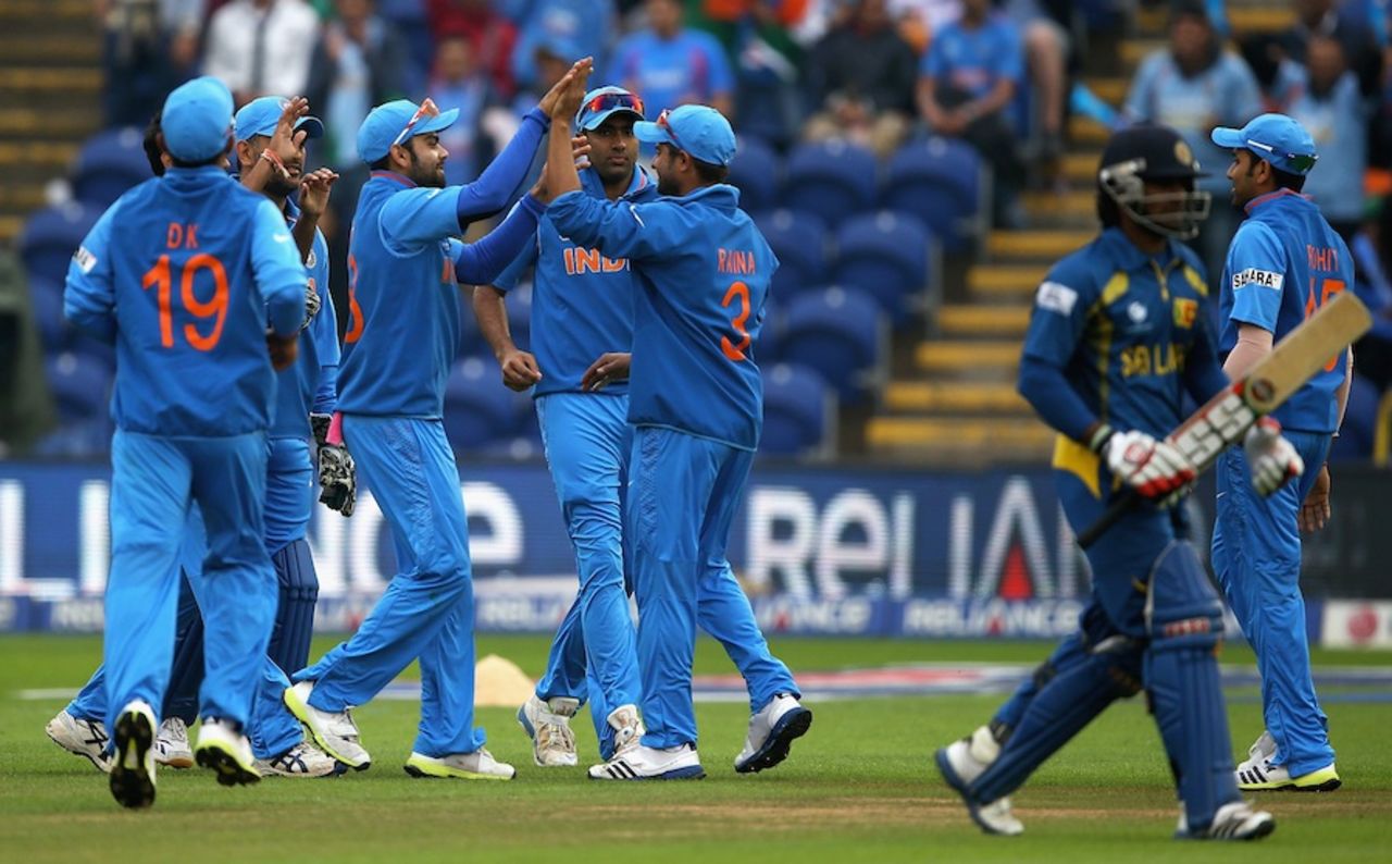 India players celebrate Kusal Perera's departure, India v Sri Lanka, Champions Trophy, 2nd semi-final, Cardiff, June 20, 2013