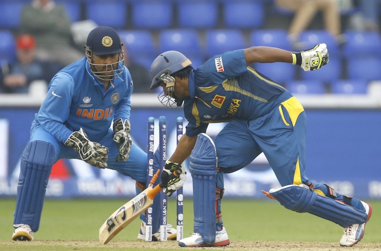 Jeevan Mendis was stumped by MS Dhoni, India v Sri Lanka, Champions Trophy, 2nd semi-final, Cardiff, June 20, 2013