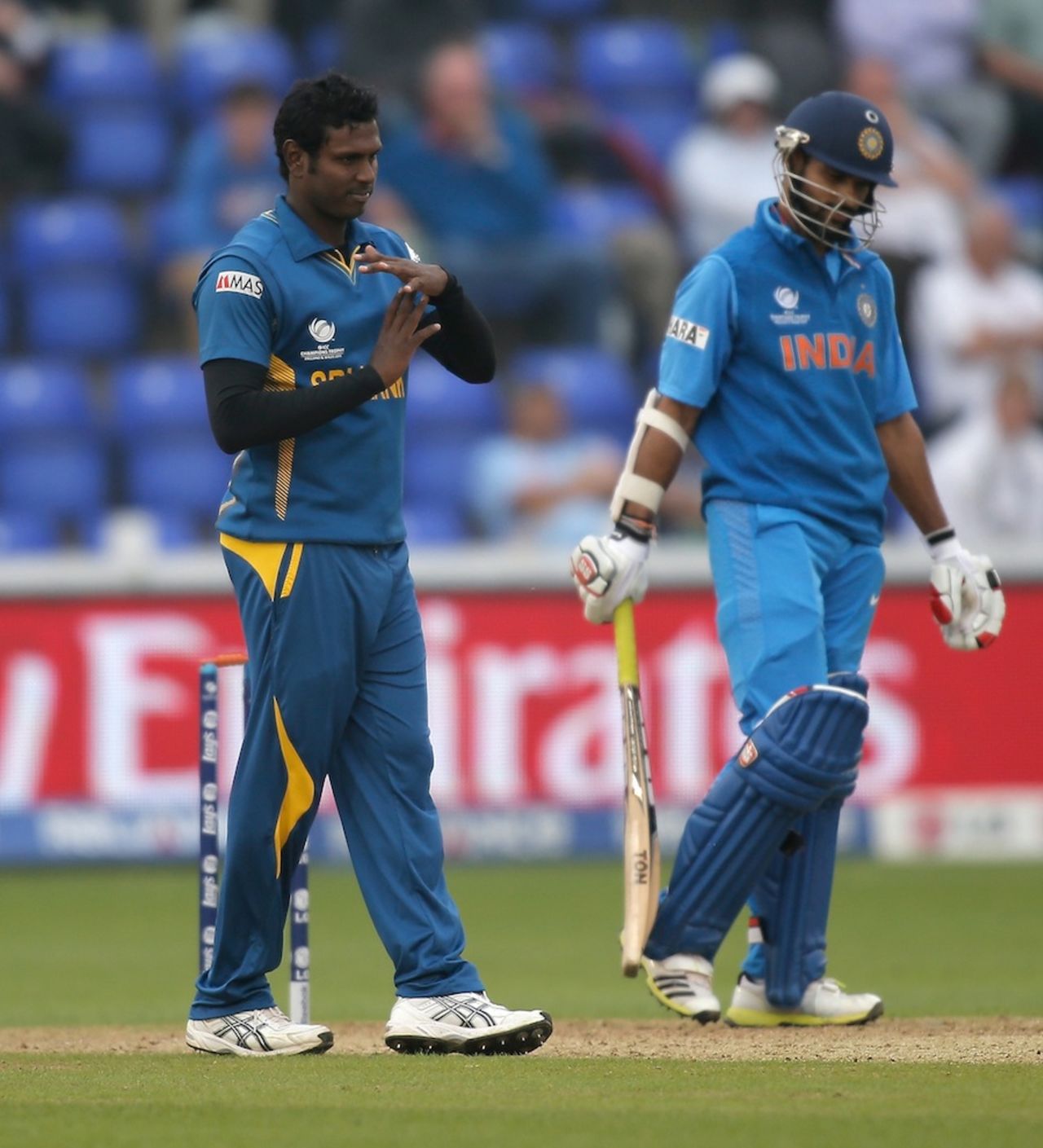 Angelo Mathews reviews a decision, India v Sri Lanka, Champions Trophy, 2nd semi-final, Cardiff, June 20, 2013