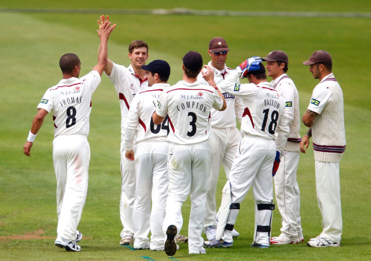 Craig Meschede gets a high five, Derbyshire v Somerset, County Championship, Division One, Derby, 1st day, June 21, 2013