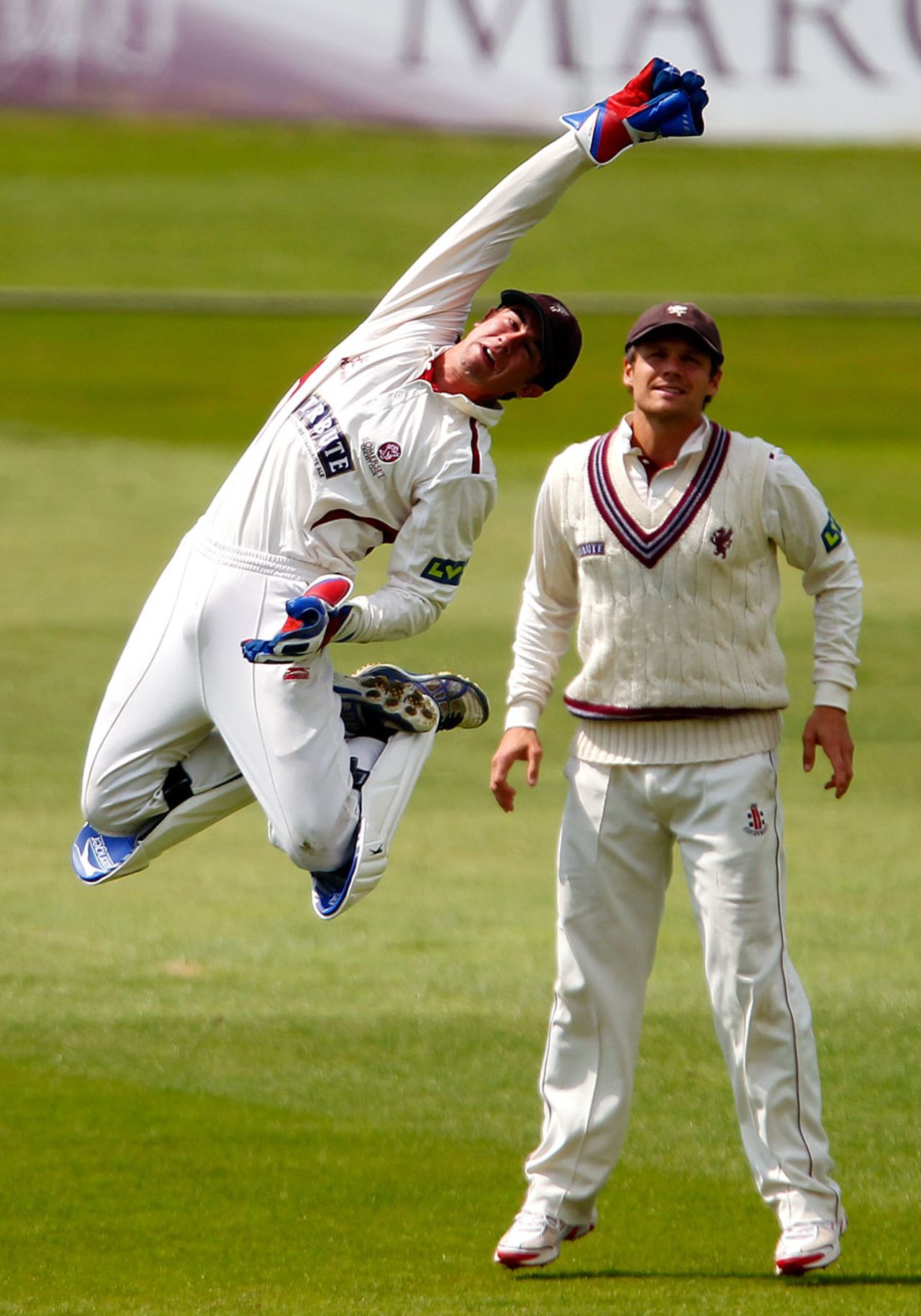 Alex Barrow leaps for a take, Derbyshire v Somerset, County Championship, Division One, Derby, 1st day, June 21, 2013