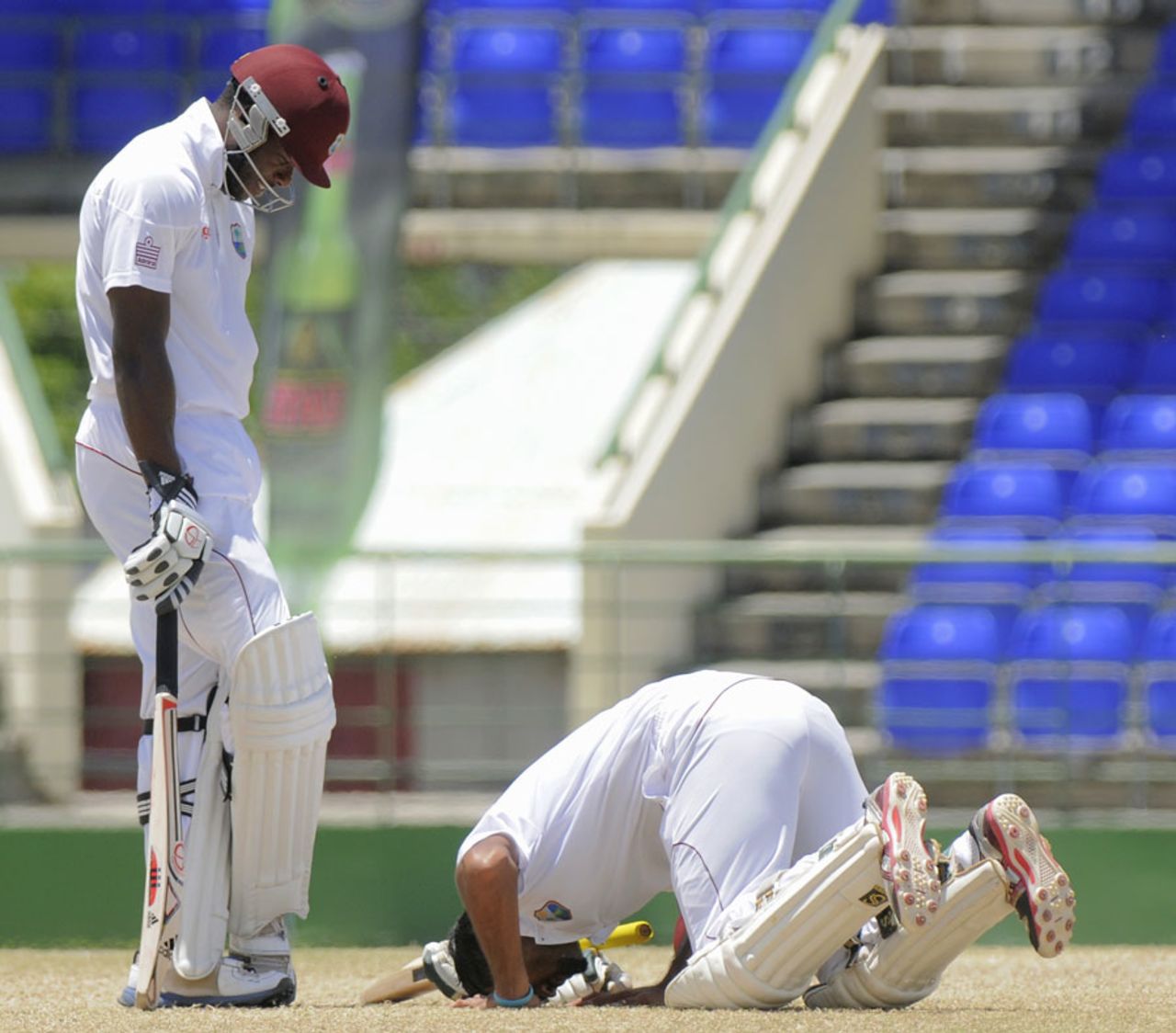 Assad Fudadin prays after scoring a hundred, West Indies A v Sri Lanka A, 1st unofficial Test, 3rd day, St Kitts, June 7, 2013