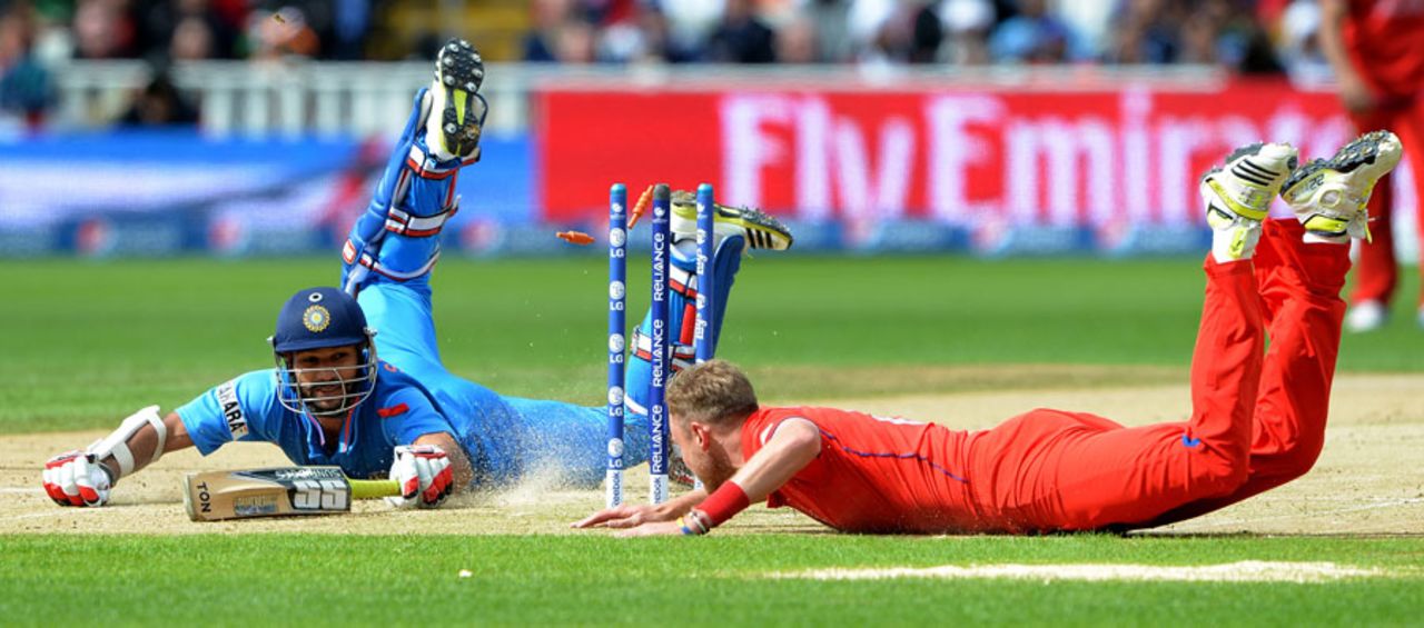 Stuart Broad attempts to run Shikhar Dhawan out, England v India, Champions Trophy final, Edgbaston, June 23, 2013