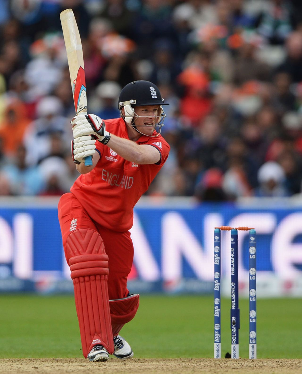Eoin Morgan drives through the off side, England v India, Champions Trophy final, Edgbaston, June 23, 2013