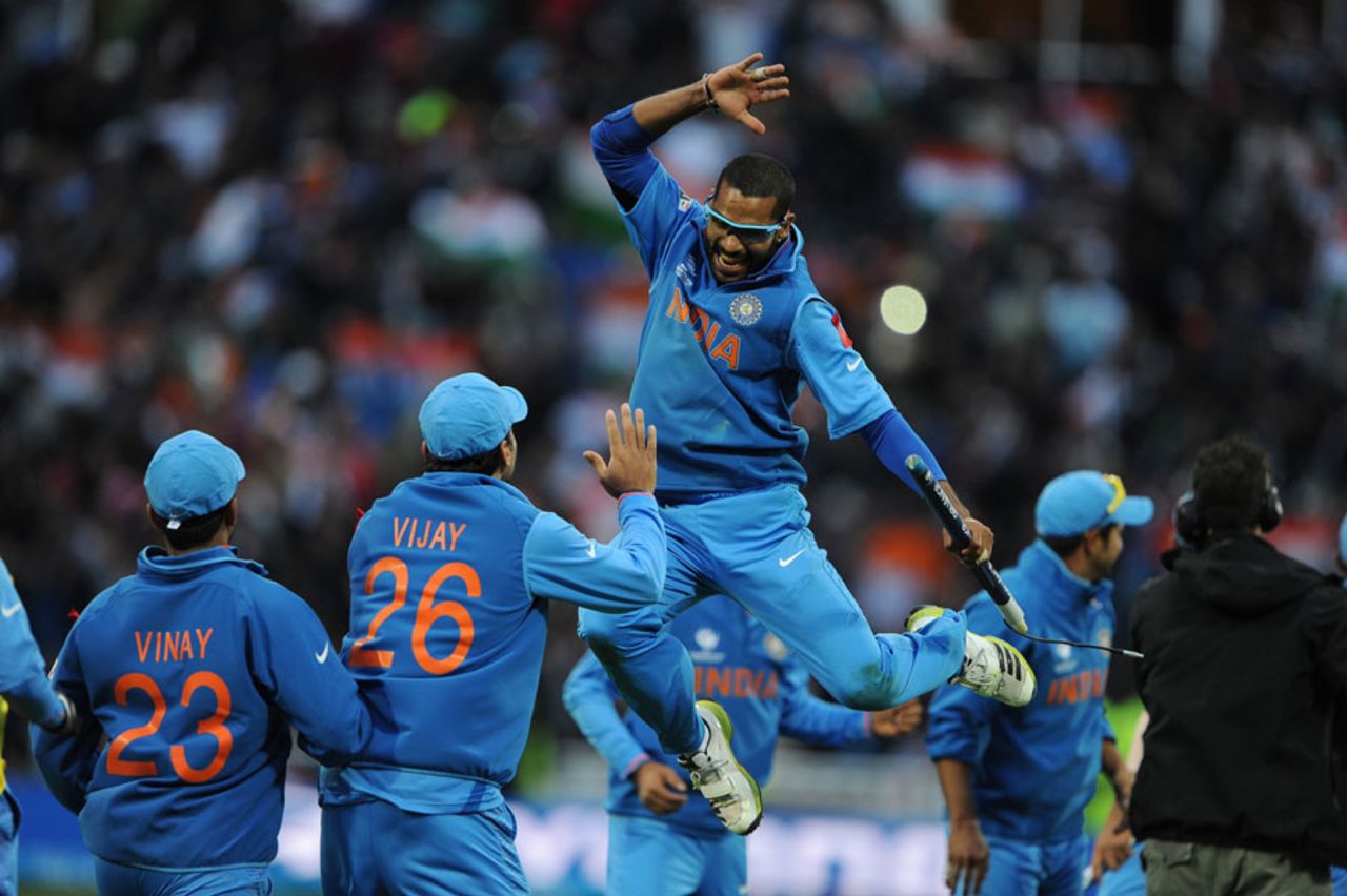 Shikhar Dhawan goes airborne after India's victory, England v India, Champions Trophy final, Edgbaston, June 23, 2013