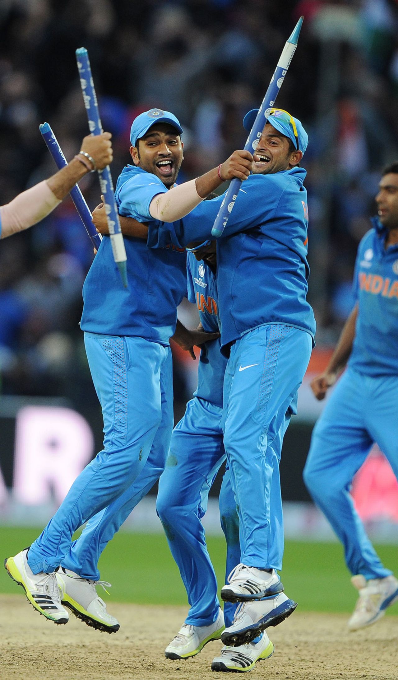 Rohit Sharma and Suresh Raina embrace after India won the Champions Trophy, England v India, Champions Trophy final, Edgbaston, June 23, 2013