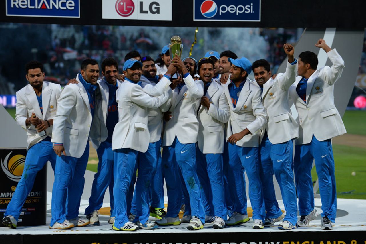 The victorious Indian team with the Champions Trophy, England v India, Champions Trophy final, Edgbaston, June 23, 2013