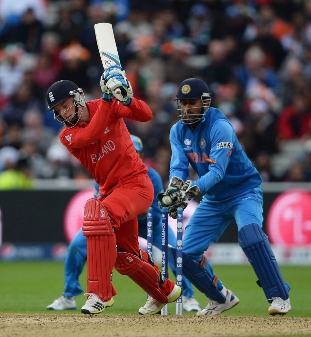 Jos Buttler swings and misses his first delivery and is cleaned up, England v India, Champions Trophy final, Edgbaston, June 23, 2013