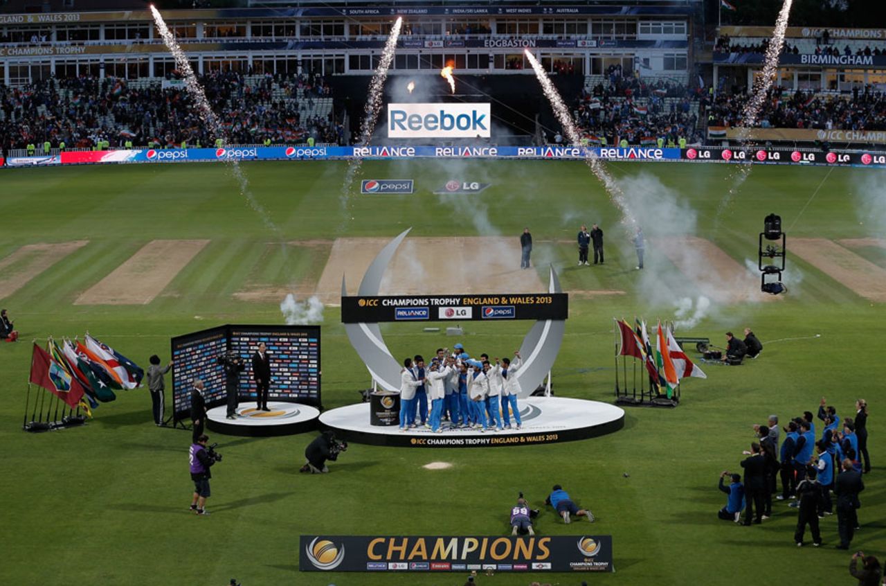 A wide shot of the dais and fireworks, England v India, Champions Trophy final, Edgbaston, June 23, 2013