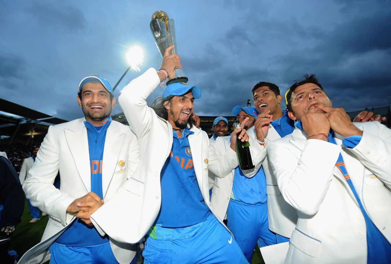 Ishant Sharma clowns around with the trophy, England v India, Champions Trophy final, Edgbaston, June 23, 2013