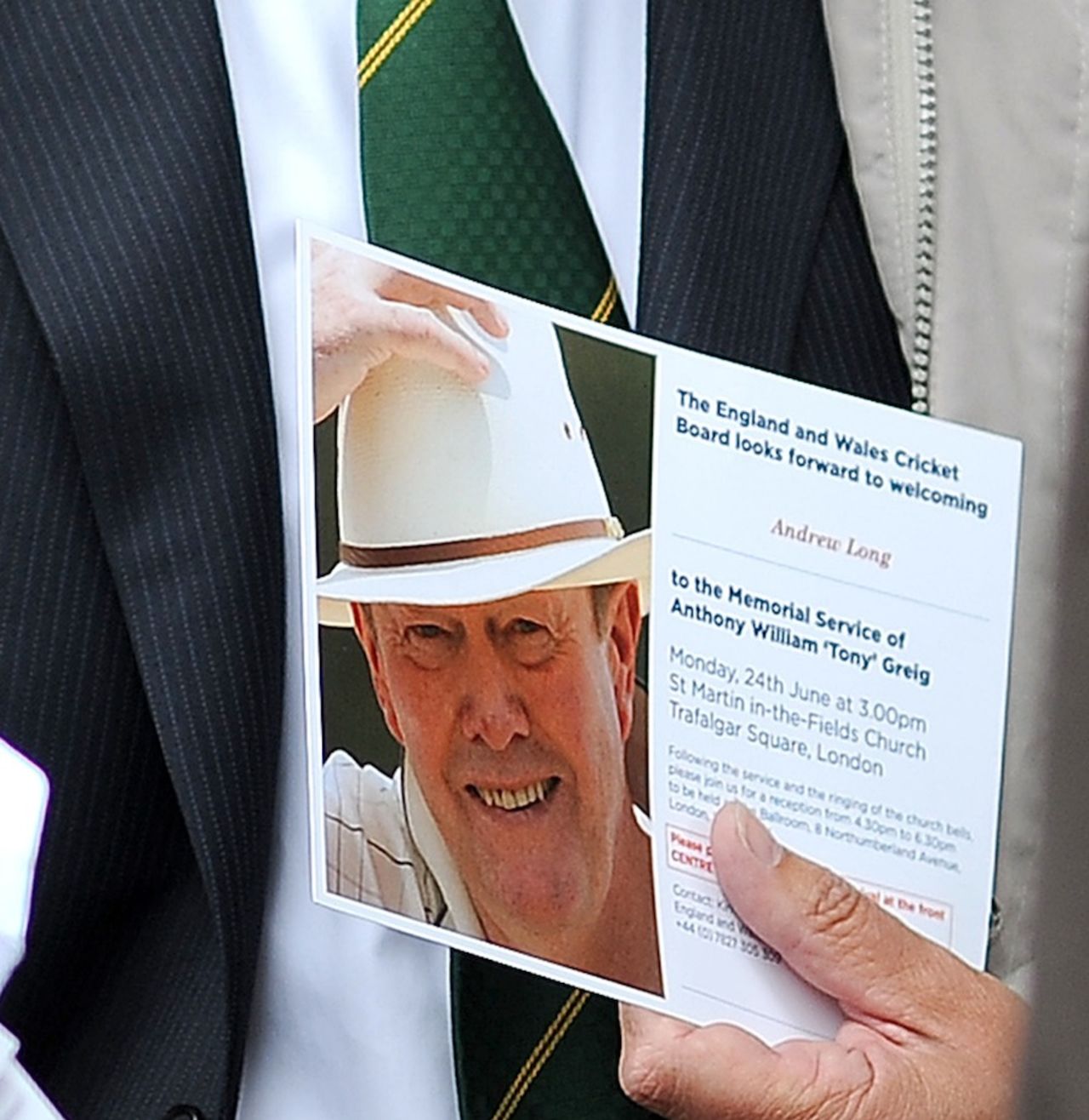An invite for Tony Greig's memorial service, Trafalgar Square, London, June 24, 2013