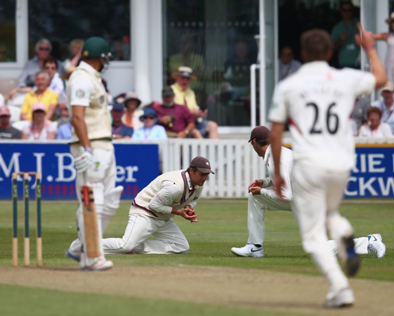 Usman Khawaja watches as James Hildreth catches his edge, Somerset v Australians, Taunton, 2nd day, June 27, 2013