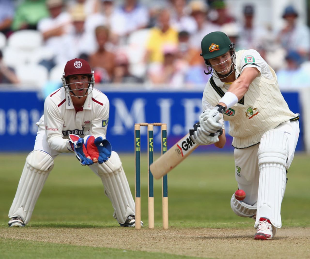 Shane Watson about to play a drive, Somerset v Australians, Taunton, 2nd day, June 27, 2013