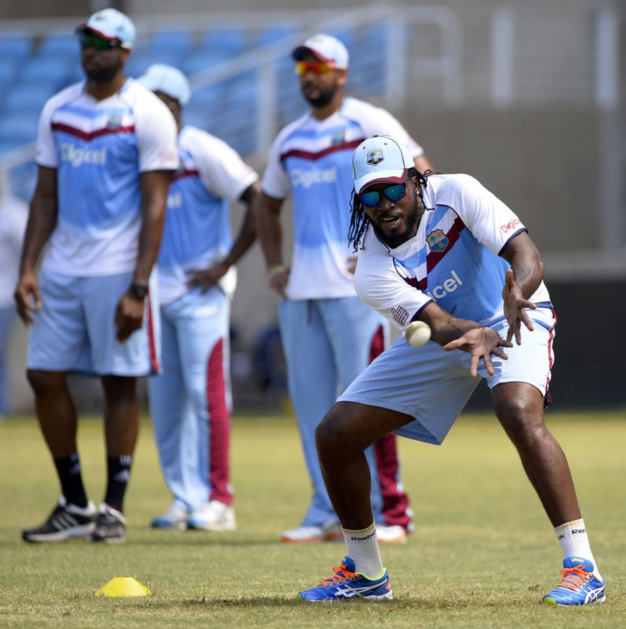 Chris Gayle catches the ball during a practice session, Kingston, June 27, 2013