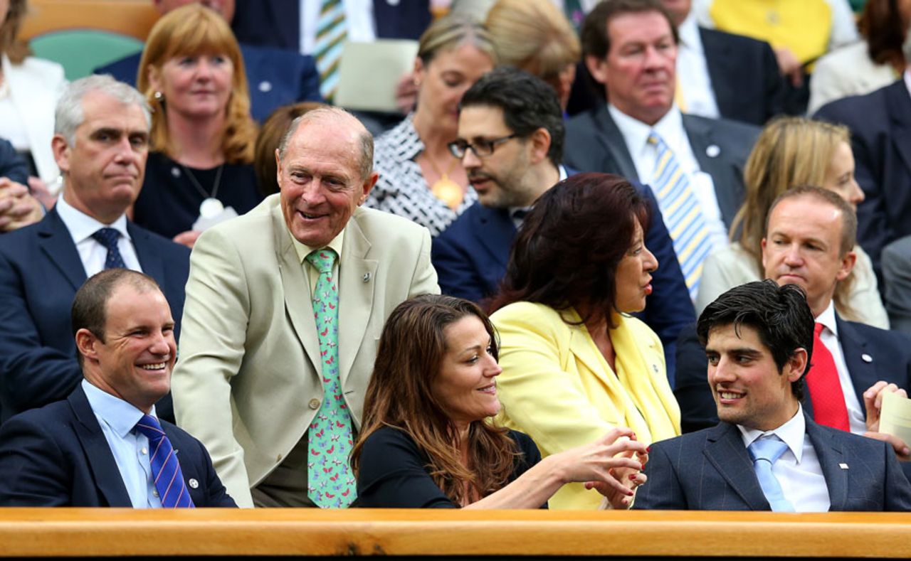 Andrew Strauss, Geoffrey Boycott, Alastair Cook and Andy Flower at Wimbledon, London, June 28, 2013