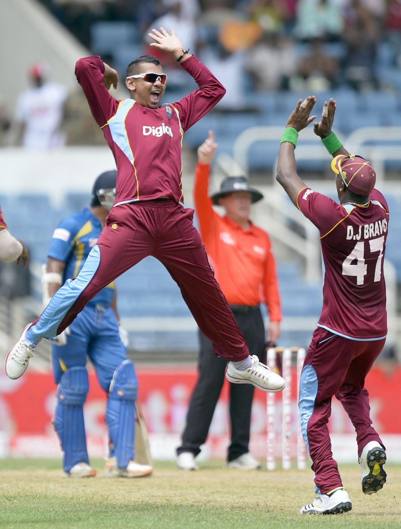 Sunil Narine is ecstatic after dismissing Mahela Jayawardene, West Indies v Sri Lanka, 1st ODI, Kingston, June 28, 2013