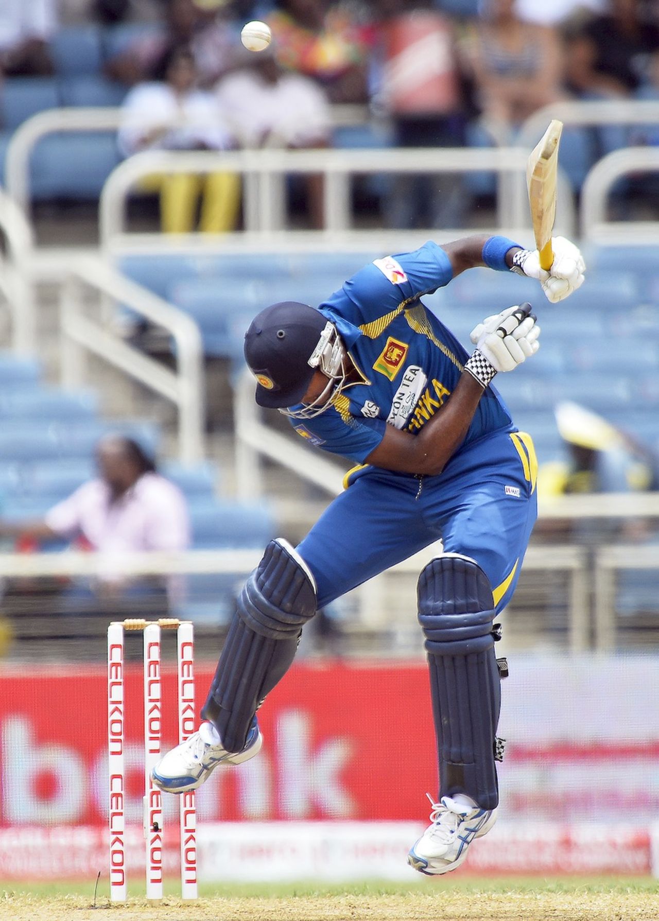 Angelo Mathews takes evasive action, West Indies v Sri Lanka, 1st ODI, Kingston, June 28, 2013