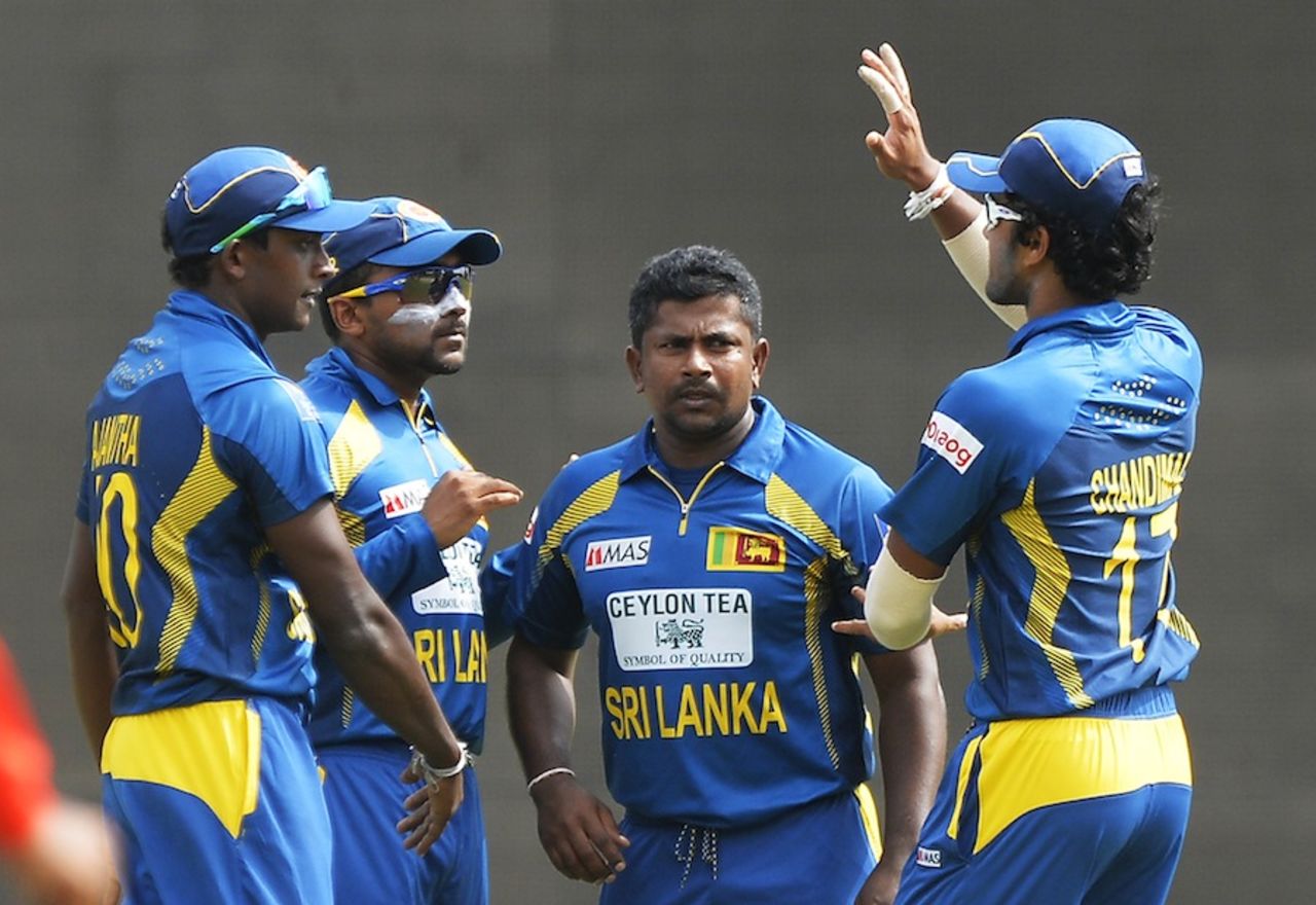 Sri Lanka players celebrate Johnson Charles' wicket, West Indies v Sri Lanka, 1st ODI, Kingston, June 28, 2013