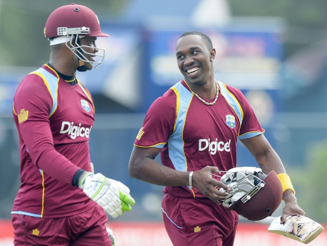 Marlon Samuels and Dwayne Bravo are all smiles after the win, West Indies v Sri Lanka, 1st ODI, Kingston, June 28, 2013