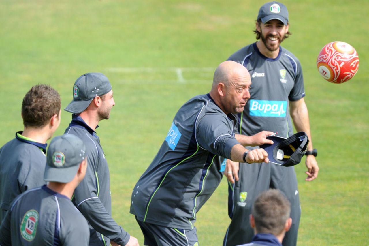 Darren Lehmann warms up with the Australian team before the day's play, Somerset v Australians, Taunton, 4th day, June 29, 2013