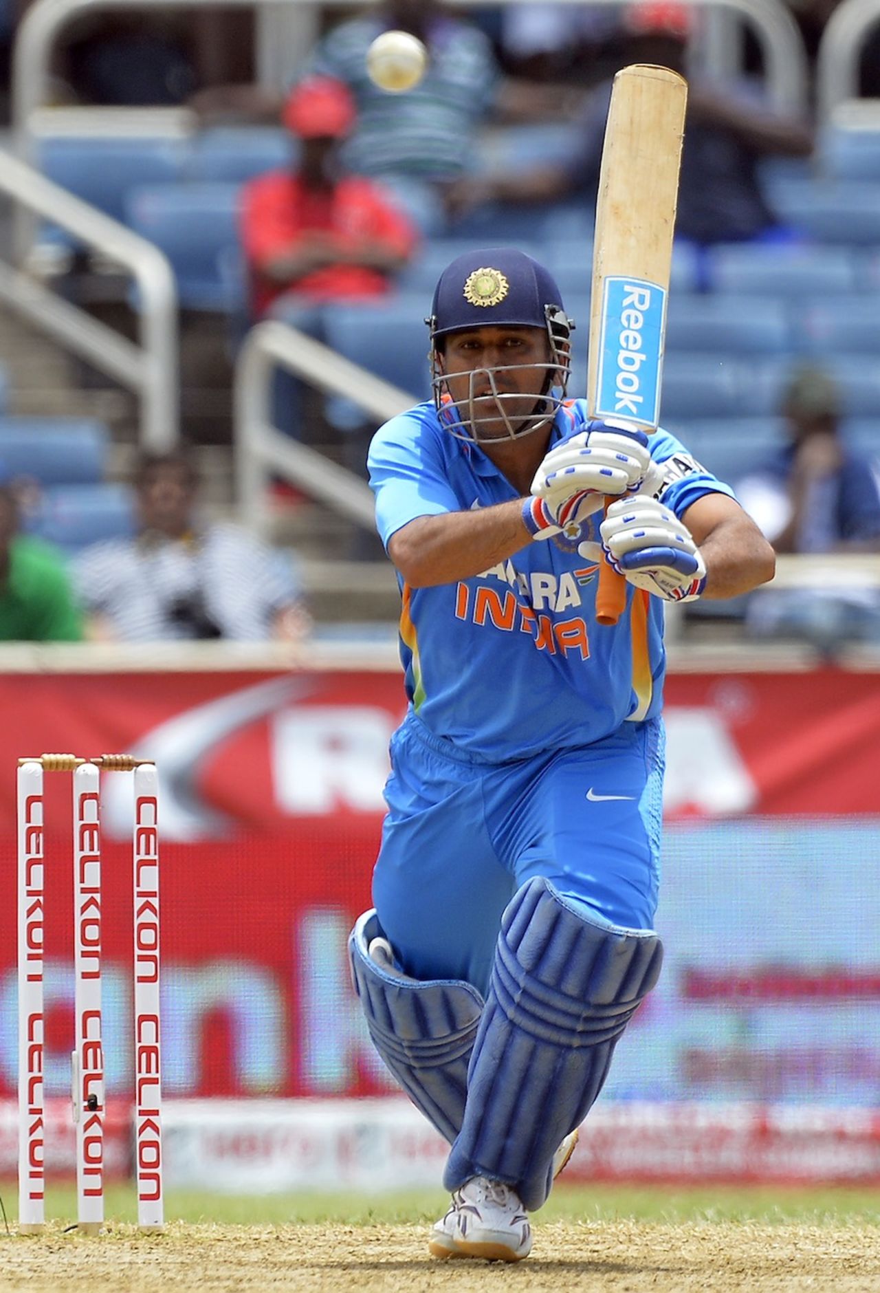 MS Dhoni hits one back, West Indies v India, West Indies tri-series, Kingston, June 30, 2013