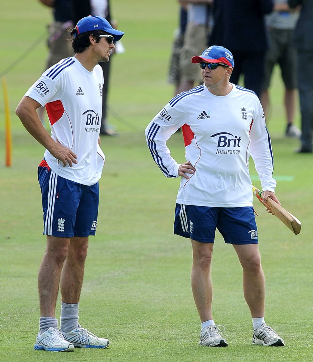Alastair Cook and Andy Flower chat on the outfield, Essex v England, 2nd day, Chelmsford, July 1, 2013
