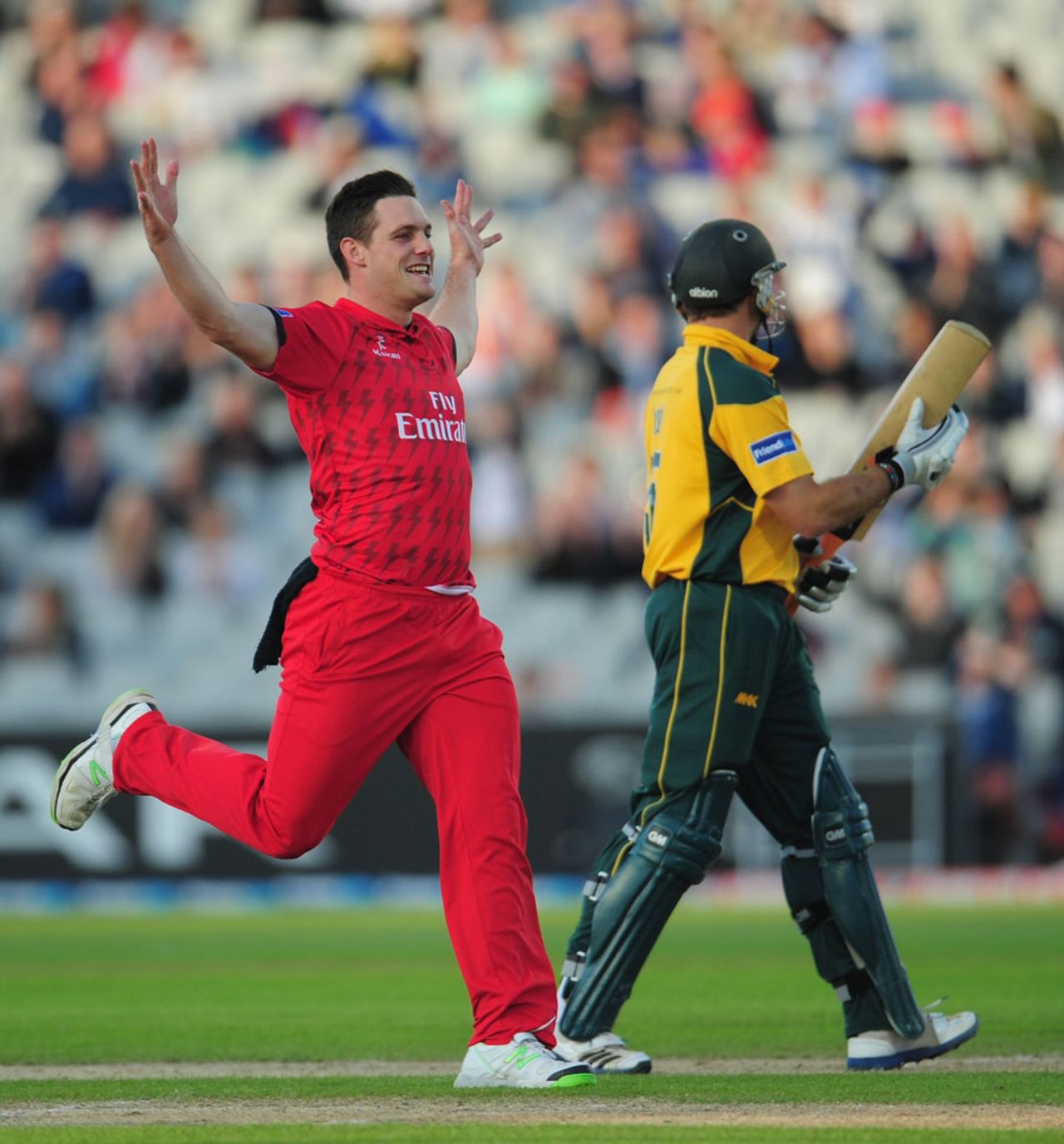Mitchell McClenaghan celebrates one of his five wickets, Lancashire v Nottinghamshire, FLt20 North Group, Old Trafford, July 1, 2013