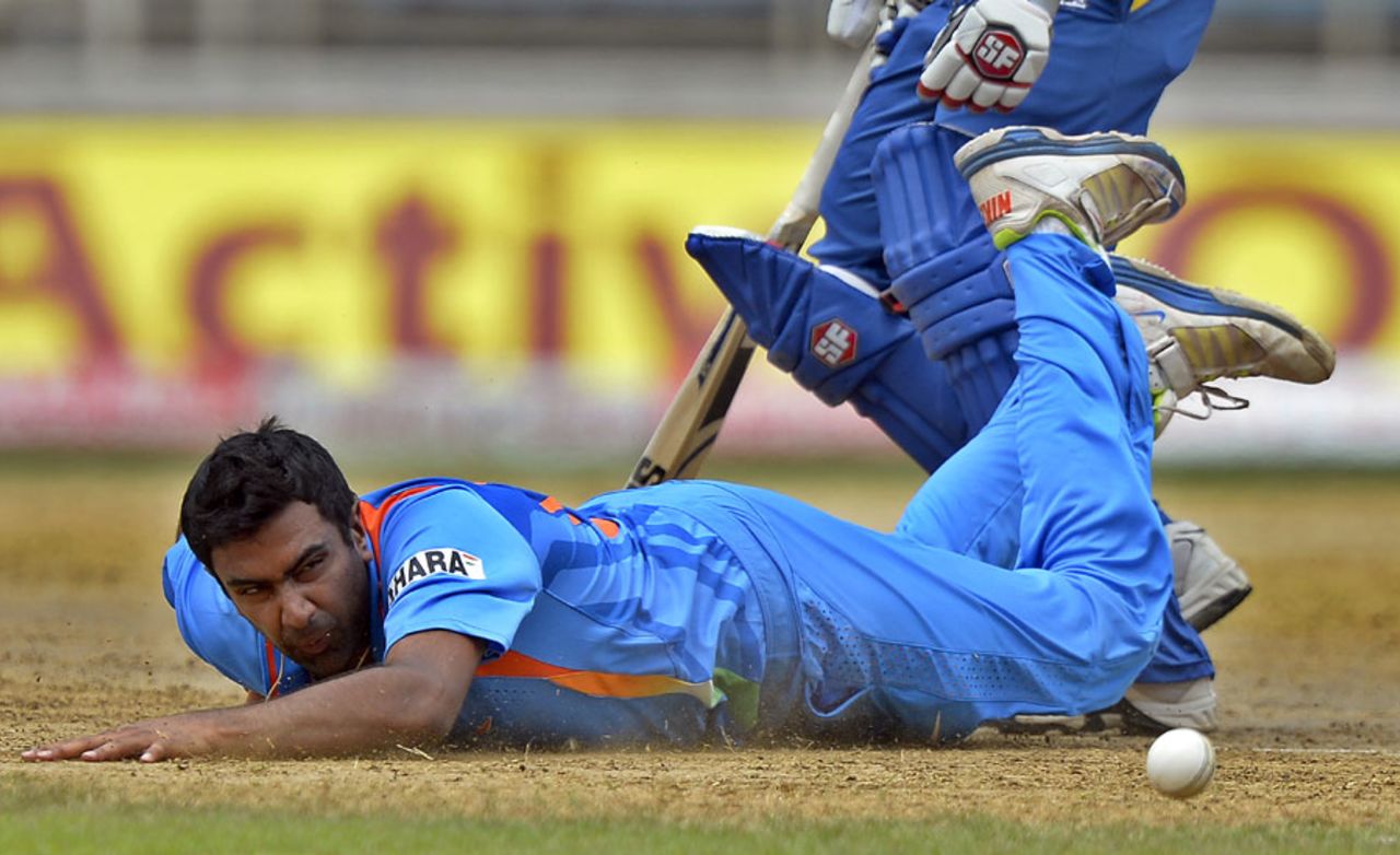 R Ashwin makes a desperate dive to stop the ball, India v Sri Lanka, West Indies tri-series, Kingston, July 2, 2013