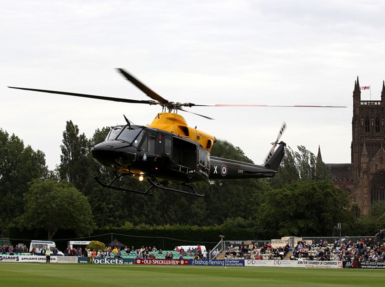 An RAF helicopter lands on the New Road outfield, Worcestershire v Australians, Tour Match, New Road, 1st day, July 2, 2013