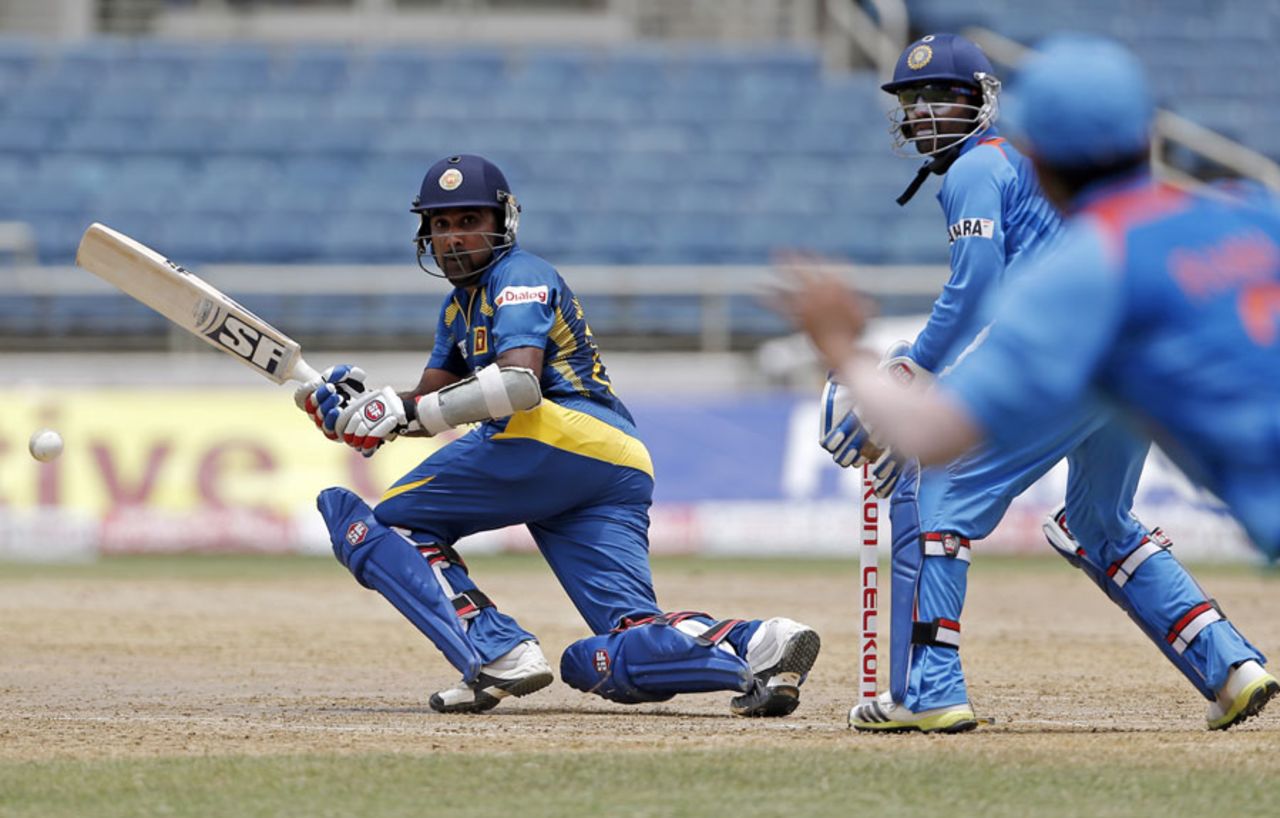 Mahela Jayawardene sweeps towards square leg, India v Sri Lanka, West Indies tri-series, Kingston, July 2, 2013