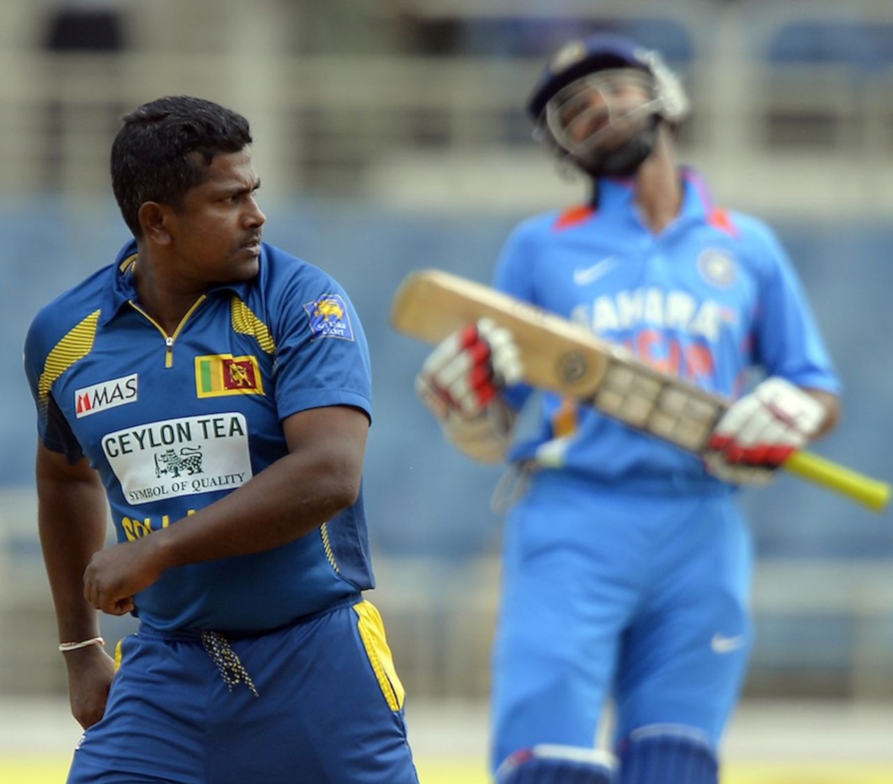 Rangana Herath is pumped after picking up Shikhar Dhawan's wicket, India v Sri Lanka, West Indies tri-series, Kingston, July 2, 2013