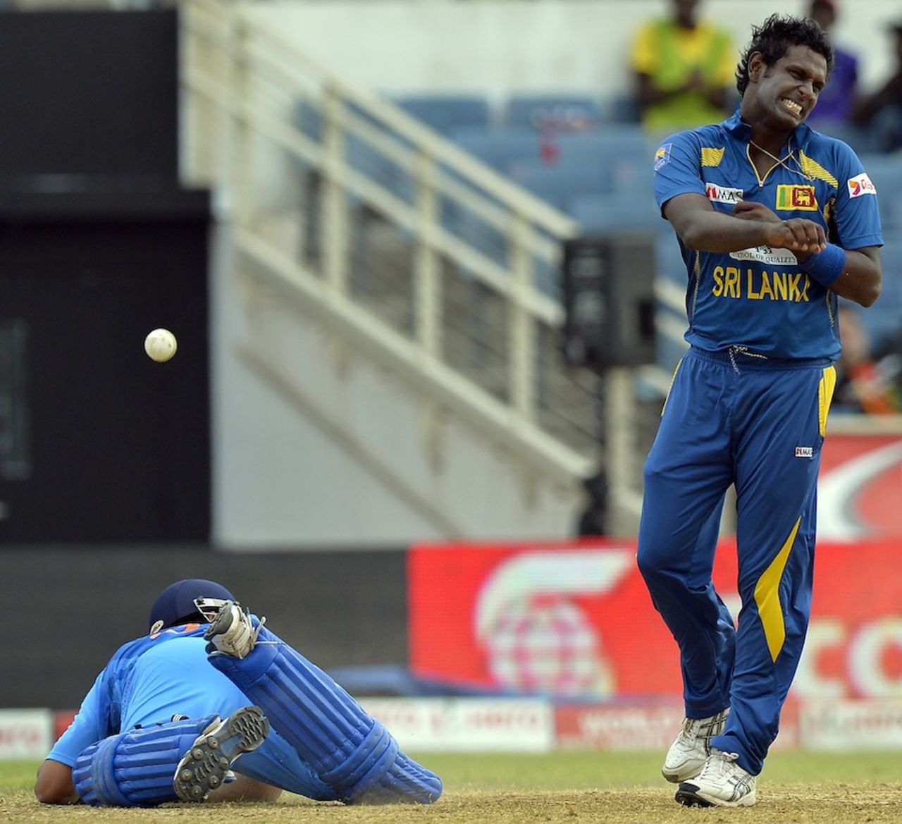 Angelo Mathews reacts after running out Suresh Raina, India v Sri Lanka, West Indies tri-series, Kingston, July 2, 2013