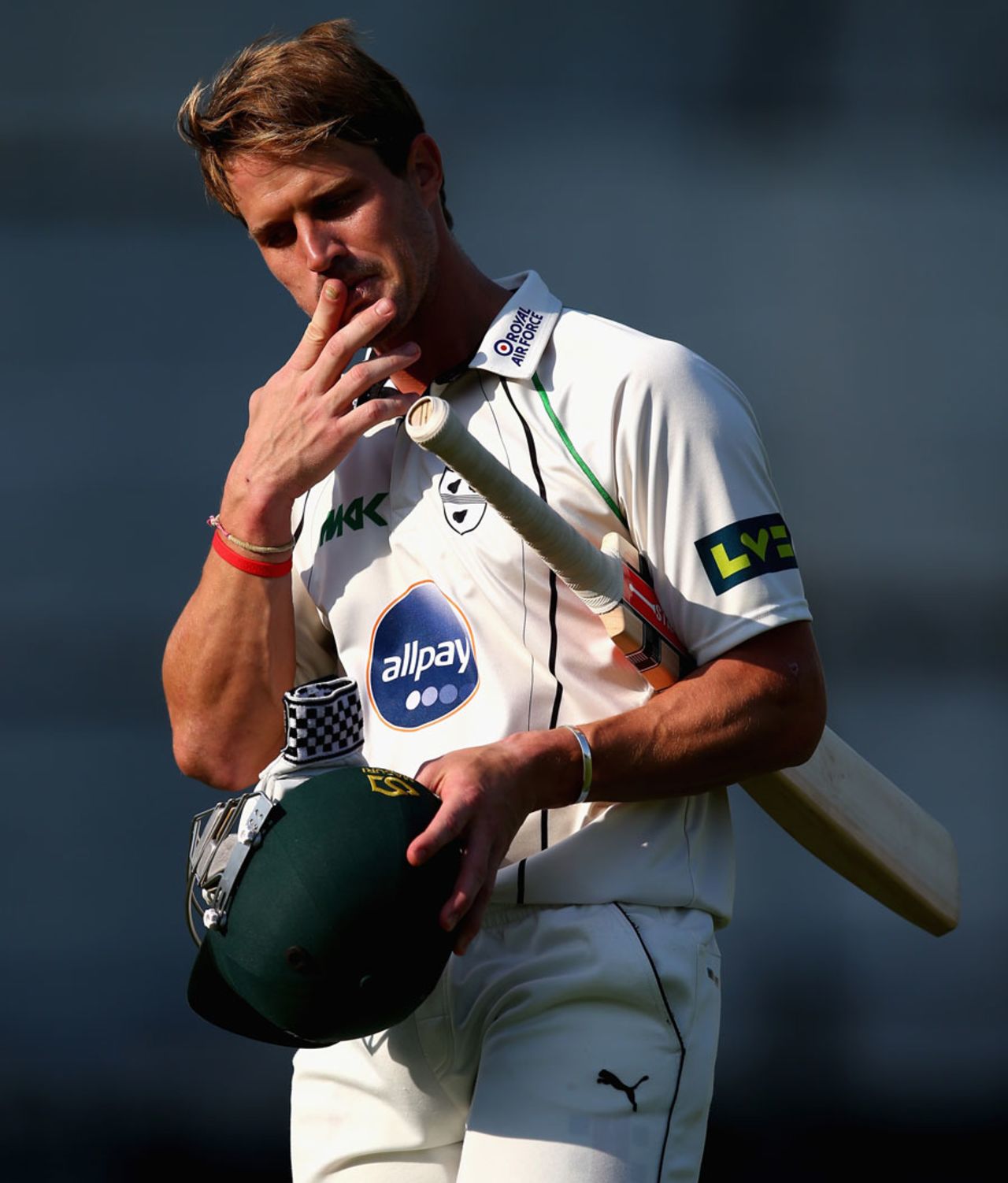 Nick Compton in a contemplative mood after his dismissal, Worcestershire v Australians, Tour match, New Road, 3rd day, July 4, 2013