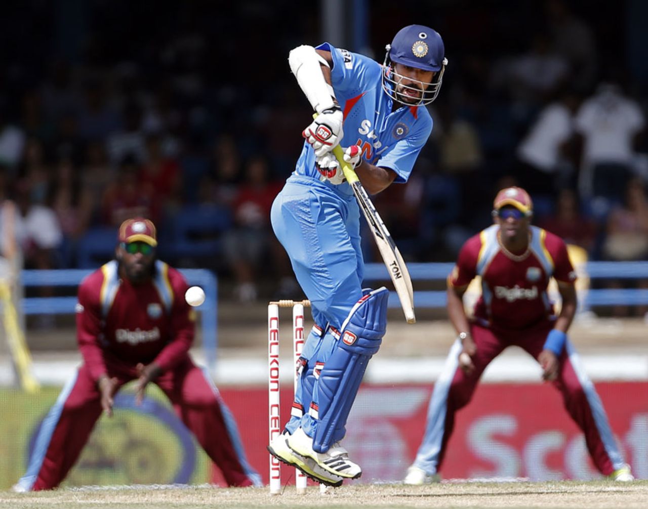 Shikhar Dhawan nudges the ball to the on side, West Indies v India, West Indies tri-series, Port-of-Spain, July 5, 2013