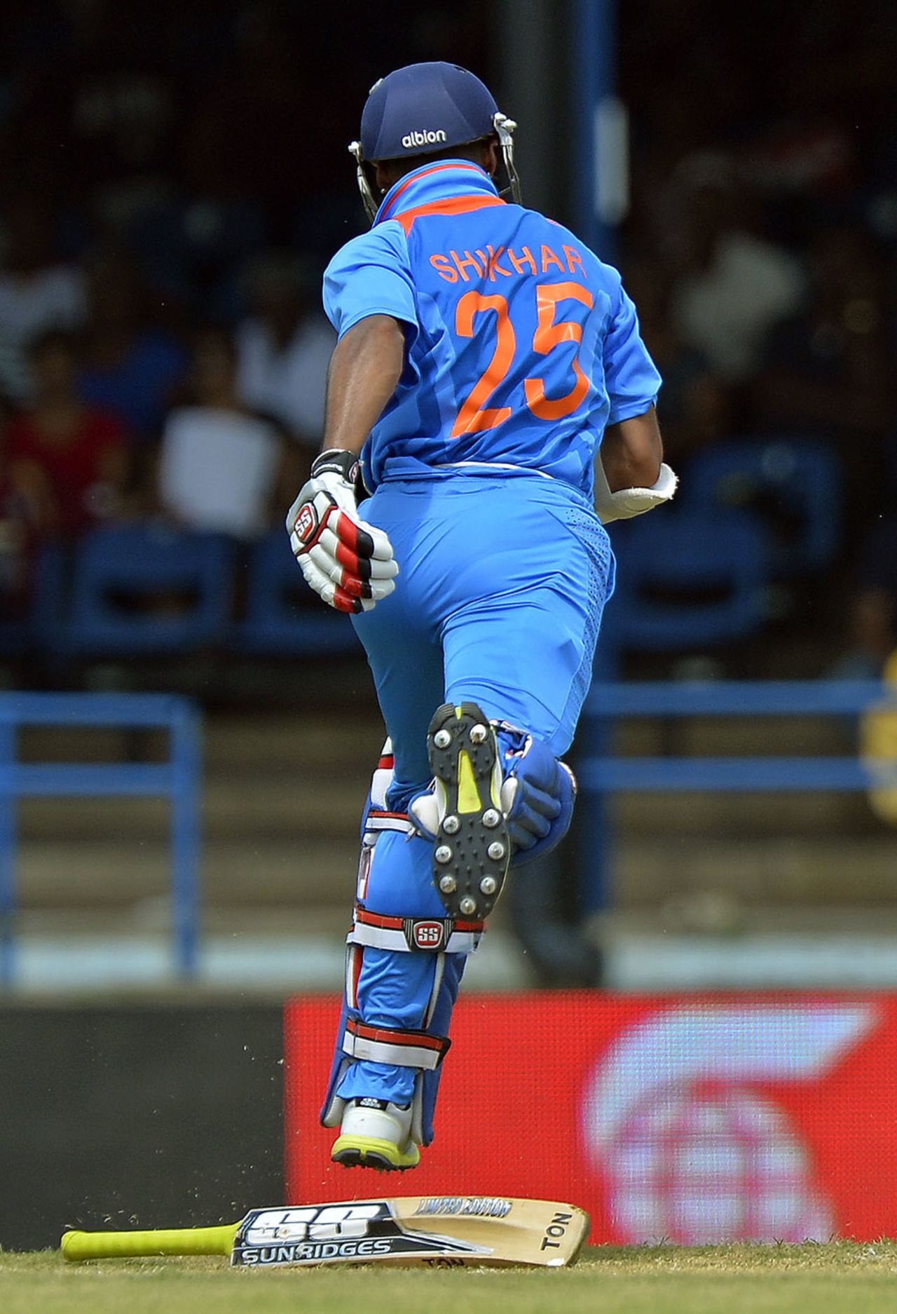 Shikhar Dhawan loses control of his bat while completing a single, West Indies v India, West Indies tri-series, Port of Spain, July 5, 2013