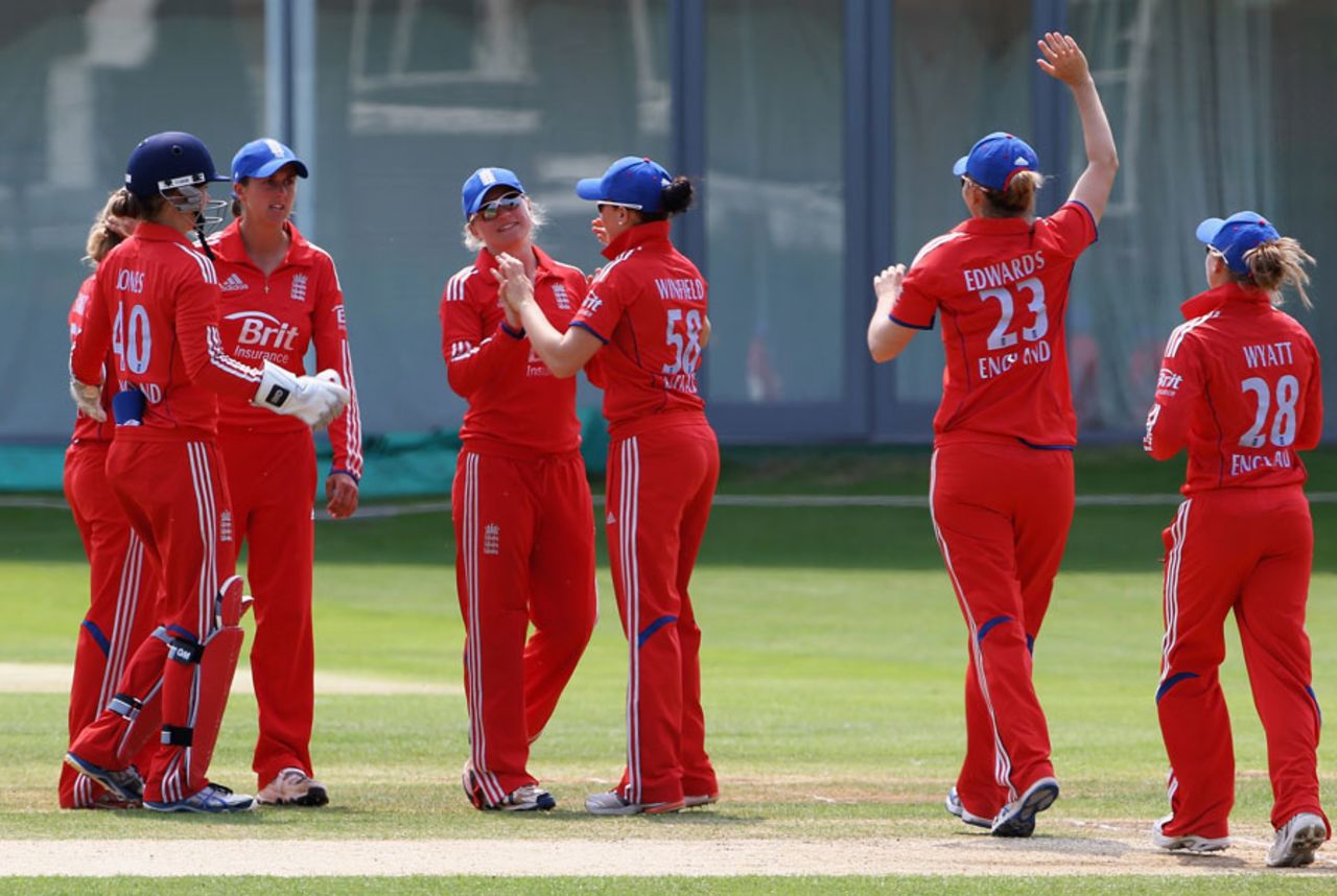 England players celebrate the wicket of Asmavia Iqbal, England v Pakistan, 2nd women's T20, Loughborough, July 5, 2013