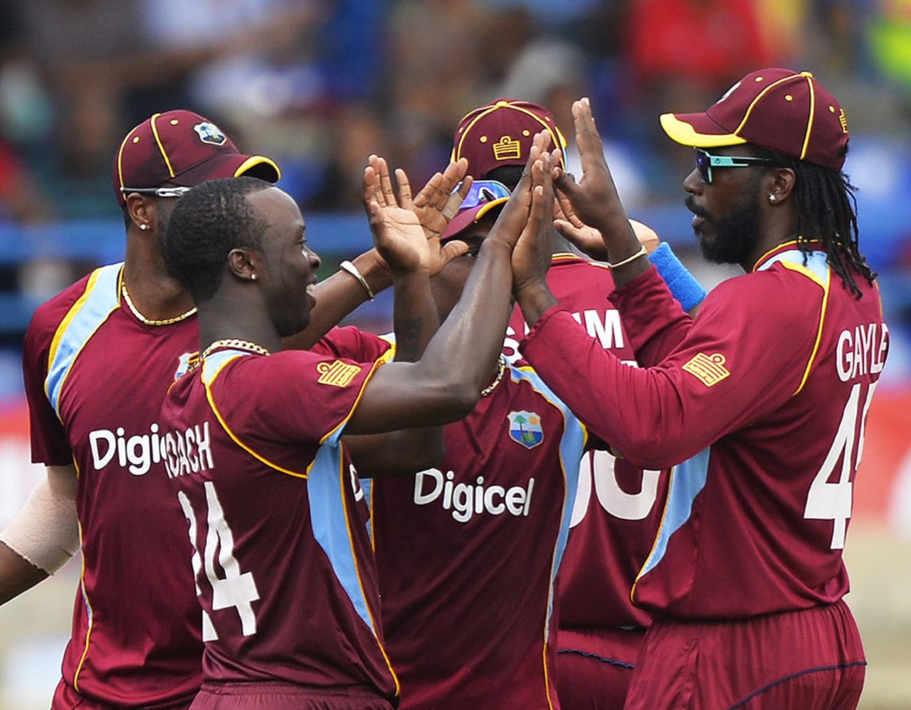 Kemar Roach celebrates the wicket of Shikhar Dhawan, West Indies v India, West Indies tri-series, Port of Spain, July 5, 2013