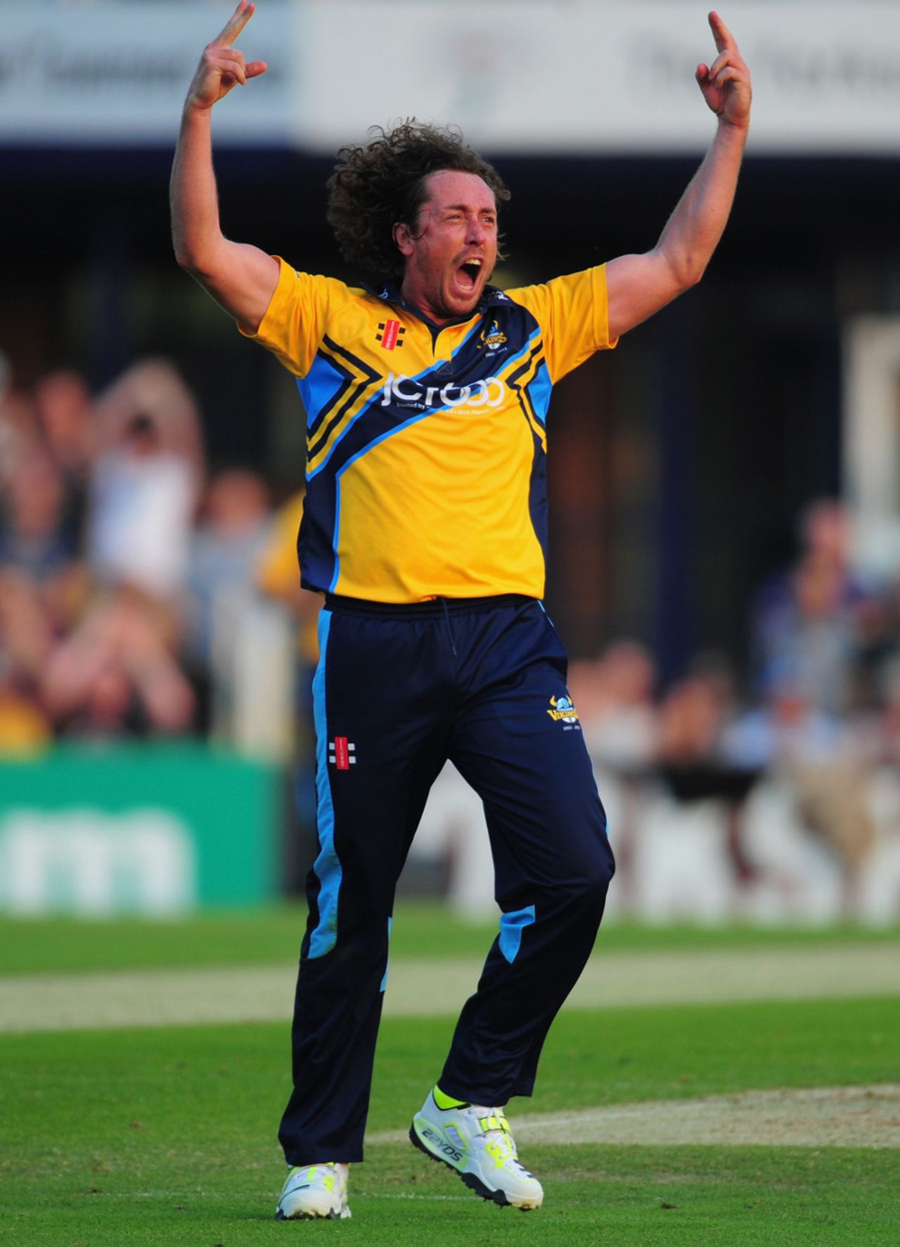 Ryan Sidebottom shows his emotions as the Roses match is tied, Yorkshire v Lancashire, FLt20, North Group, Headingley, July 5, 2013