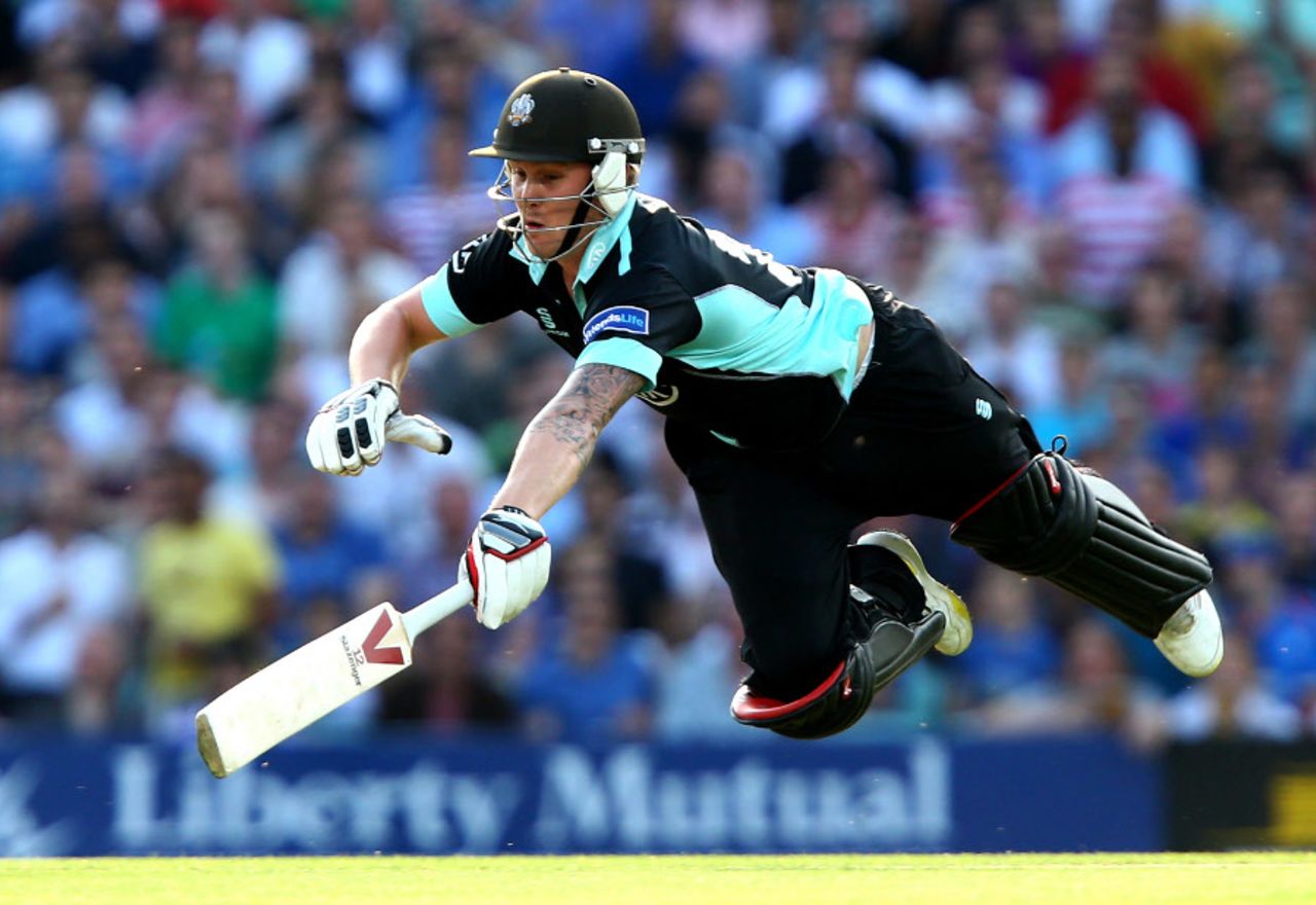 Jason Roy dives for his ground during the match top-score of 52, Surrey v Middlesex, FLt20, South Group, The Oval, July 5, 2013