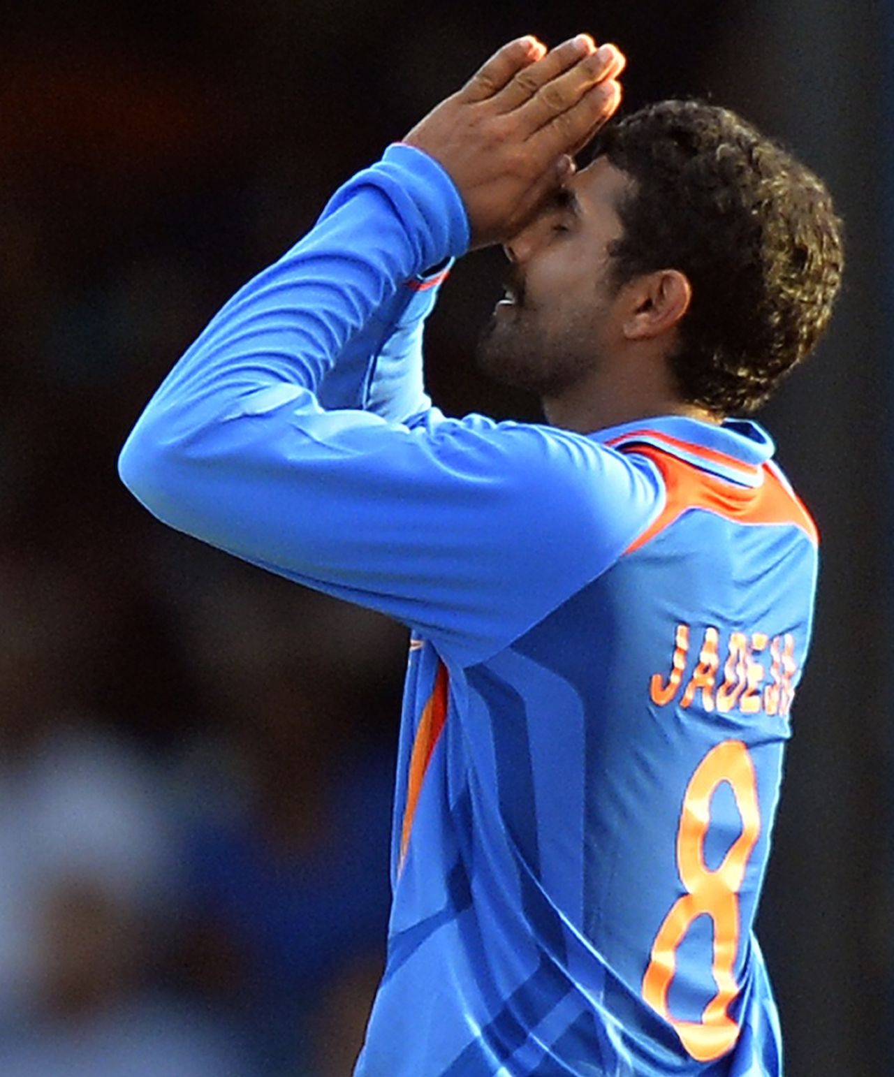 Ravindra Jadeja expresses relief after picking up the last two wickets, West Indies v India, West Indies tri-series, Port of Spain, July 5, 2013